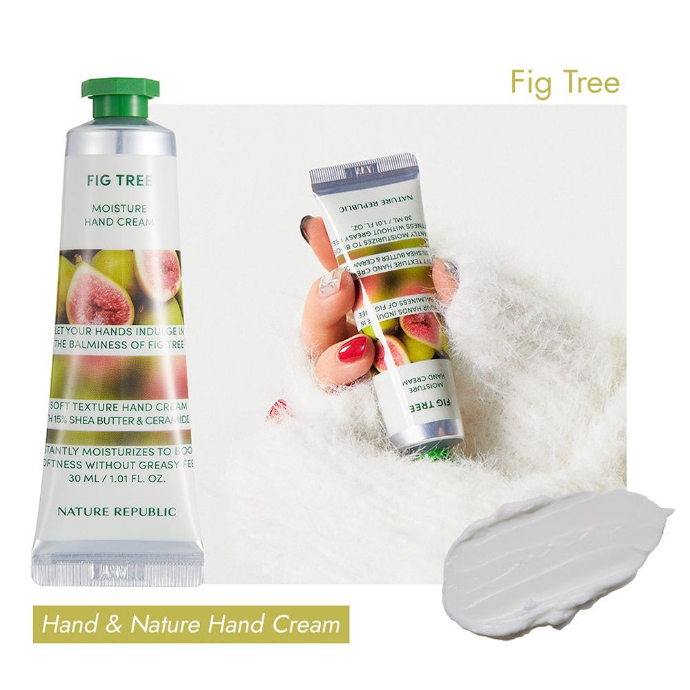 Creme-Tube mit grünem Deckel. Aufschrift: Fig Tree Moisture Hand Cream. Abbildung von Feigen. Marke: NATURE REPUBLIC. Neben Hand und Creme.
