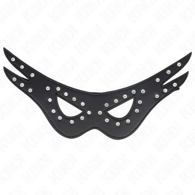 Schwarze Kunstledermaske mit Strasssteinen. Flügelartige Form mit Augenöffnungen. Detailansicht auf weißem Hintergrund.