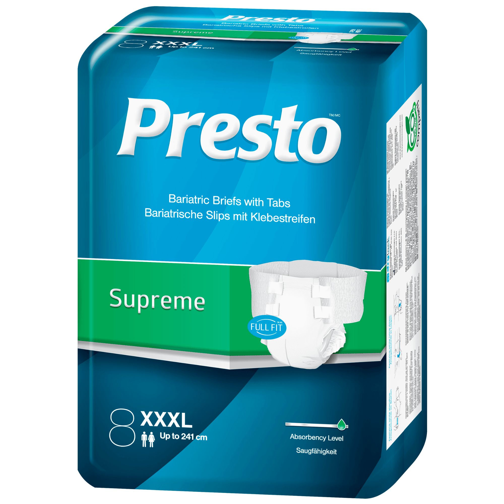 Blau-weiße Verpackung mit Presto-Logo und Produktbezeichnung. Enthält Bariatrische Slips mit Klebestreifen, Größe XXXL, 8 Stück.