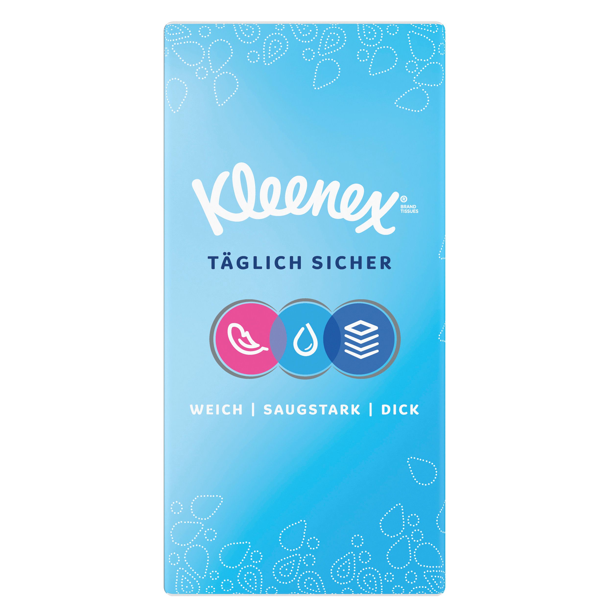 Kleenex-Taschentücher-Packung. Blaue Verpackung. Aufdruck: Kleenex, Täglich Sicher, Logos und Text.