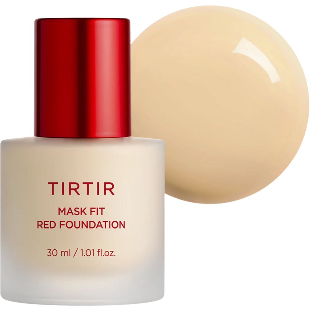 TIRTIR Mask Fit Red Foundation-Flasche mit rotem Deckel und Produkt-Swatch. Auf der Flasche steht der Produktname und die Größe.