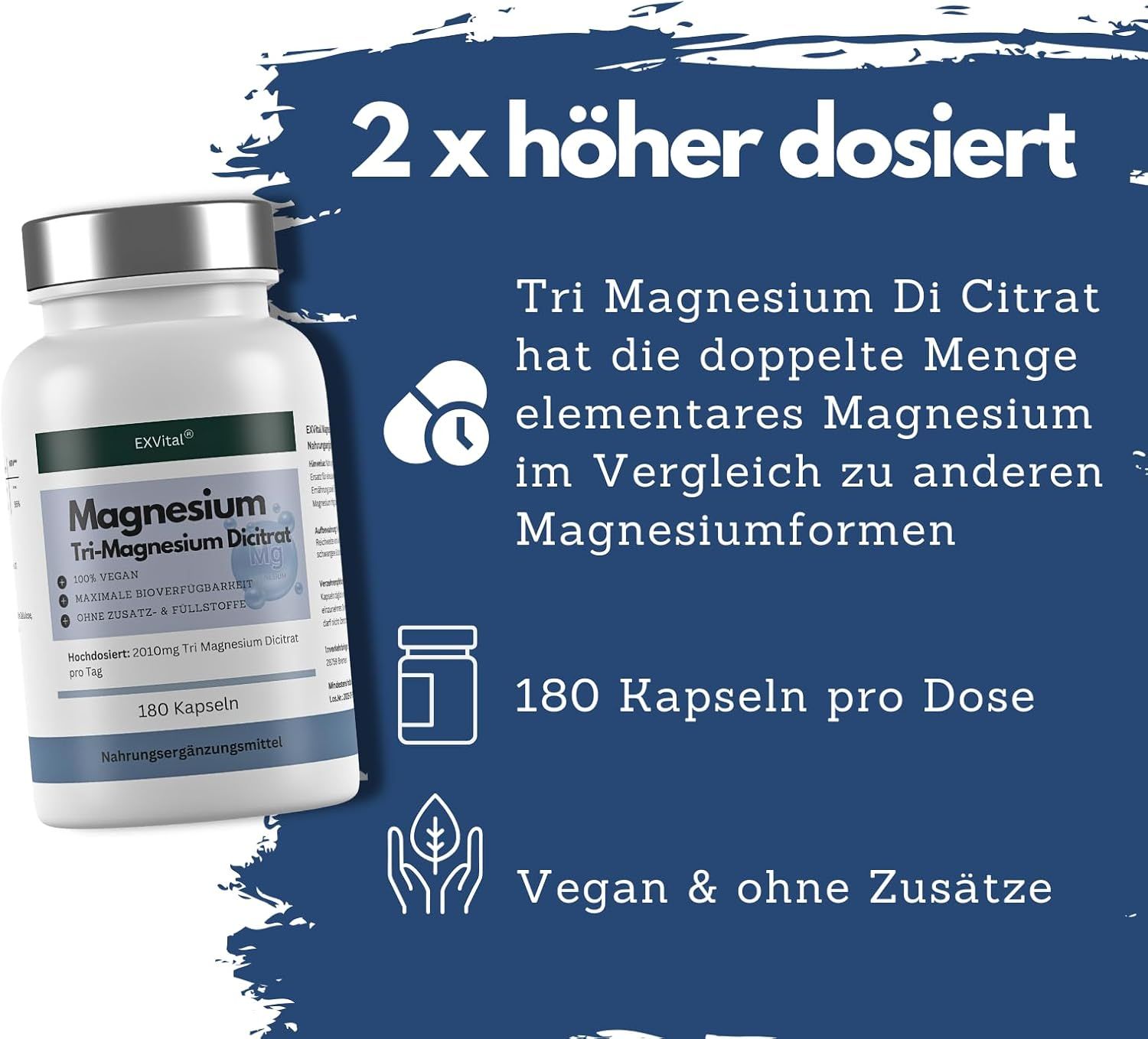 Produktflasche mit Text: 2x höher dosiert. Tri Magnesium Di Citrat hat doppelte Menge Magnesium. 180 Kapseln, vegan.