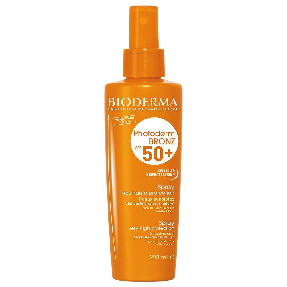 BIODERMA Photoderm BRONZ LSF 50+ Spray. Braune Flasche mit Sprühkopf. Enthält Text: Très haute protection, Very high protection, 200 ml e.