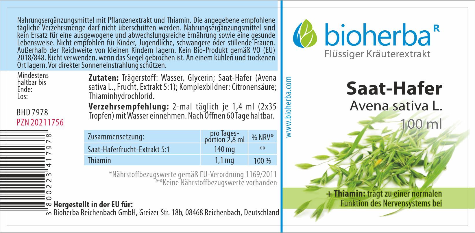Braune Glasflasche mit schwarzem Deckel. Etikett mit Produktname, Inhaltsstoffen und Logo. Text: Saat-Hafer Avena sativa L.