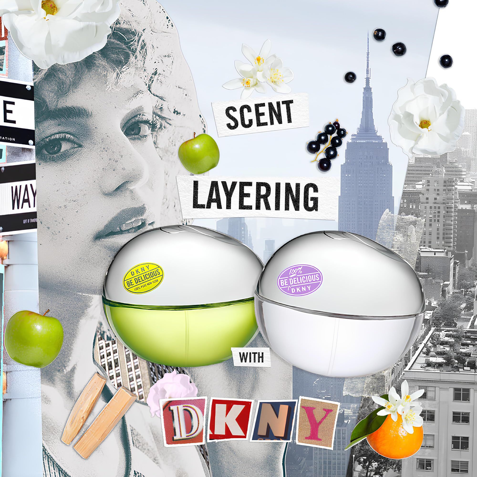 Collage mit Flakons, Äpfeln, Blumen und Text. Zwei runde Flakons, einer grün, einer weiß. Stadtansicht im Hintergrund.