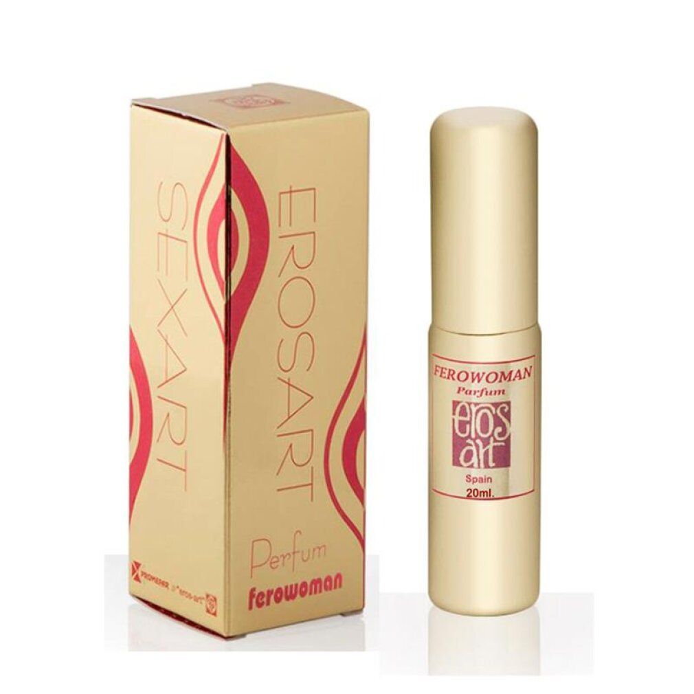 Goldfarbener Flakon und Schachtel für Eros - Ferowoman - Pheromon-Parfüm für Frauen. Schachtel mit roten abstrakten Formen.
