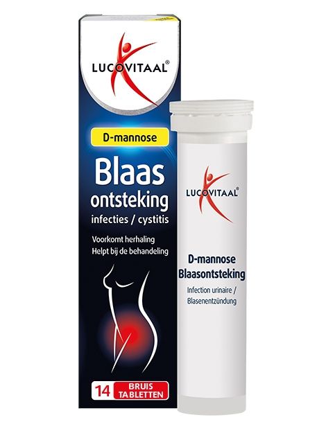 Packung und Tube mit D-Mannose-Brausetabletten gegen Blasenentzündung. 14 Tabletten.