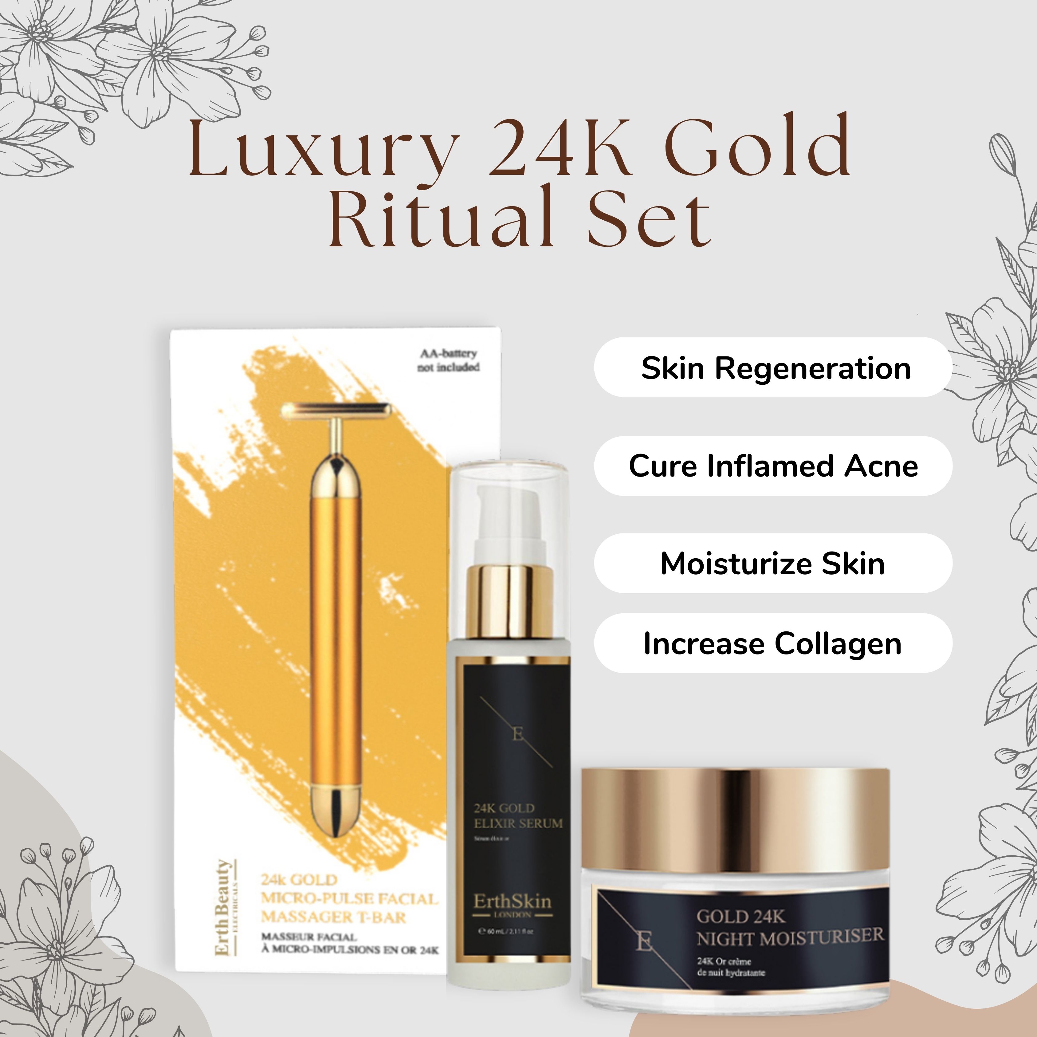 ErthSkin London Set. 24K T-Stab-Massagegerät, Serum und Creme. Goldfarbenes Massagegerät, Serumflasche und Cremetiegel. Text: Luxury 24K Gold Ritual Set.