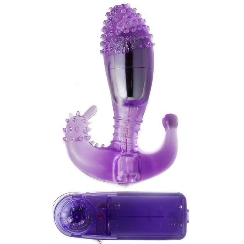 Lila Vibrator mit geriffelter Spitze und gebogener Form. Mit separater Steuerungseinheit.