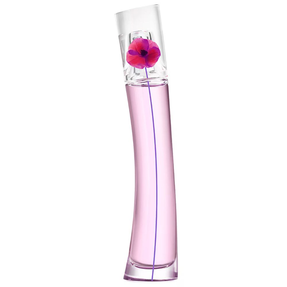 Kenzo-Parfümflakon, rosa Flüssigkeit, Mohnblüte im Deckel. Schlanke, gebogene Form, transparente Kappe.