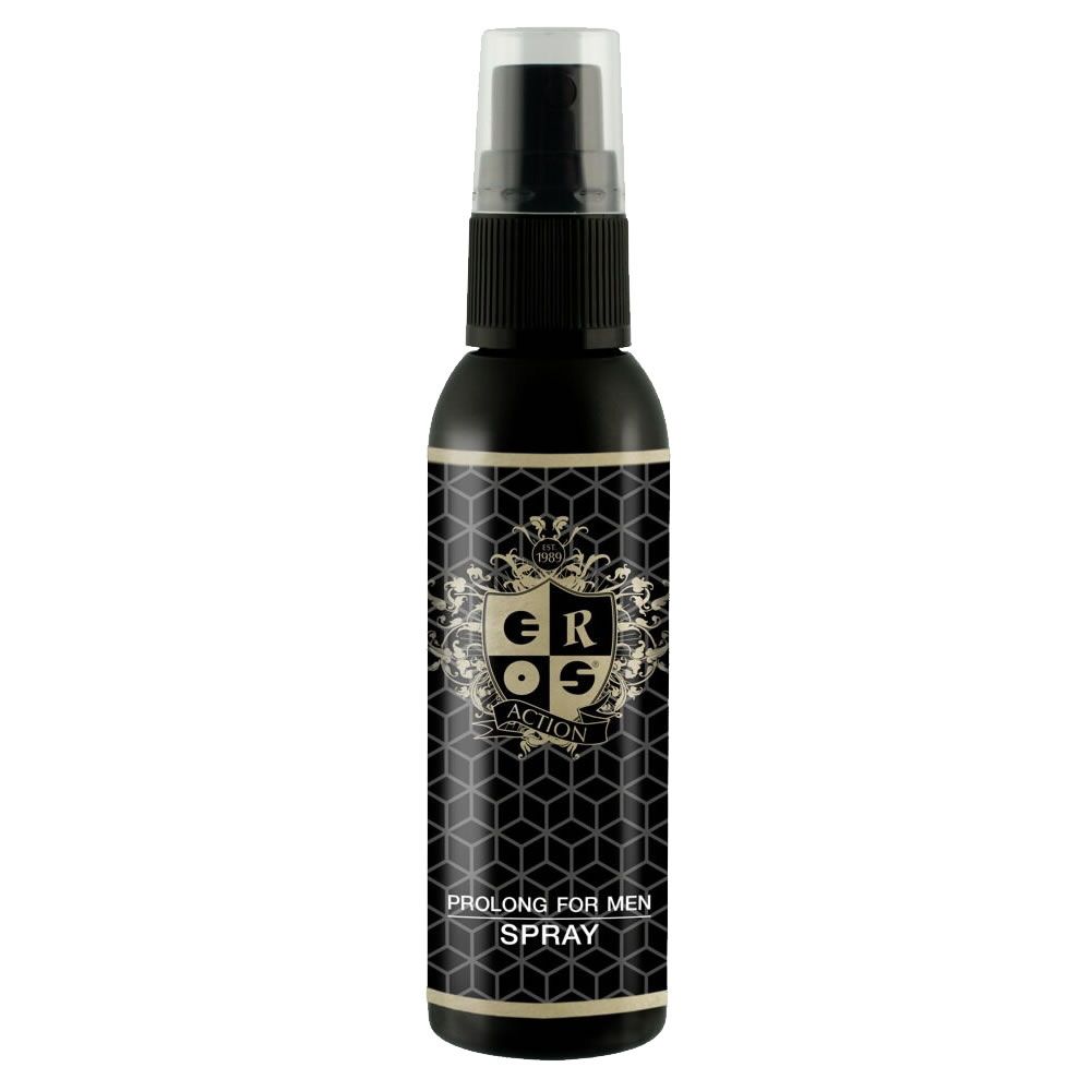 Schwarze Sprühflasche mit goldfarbenem Etikett. Text: EROS ACTION, PROLONG FOR MEN SPRAY.