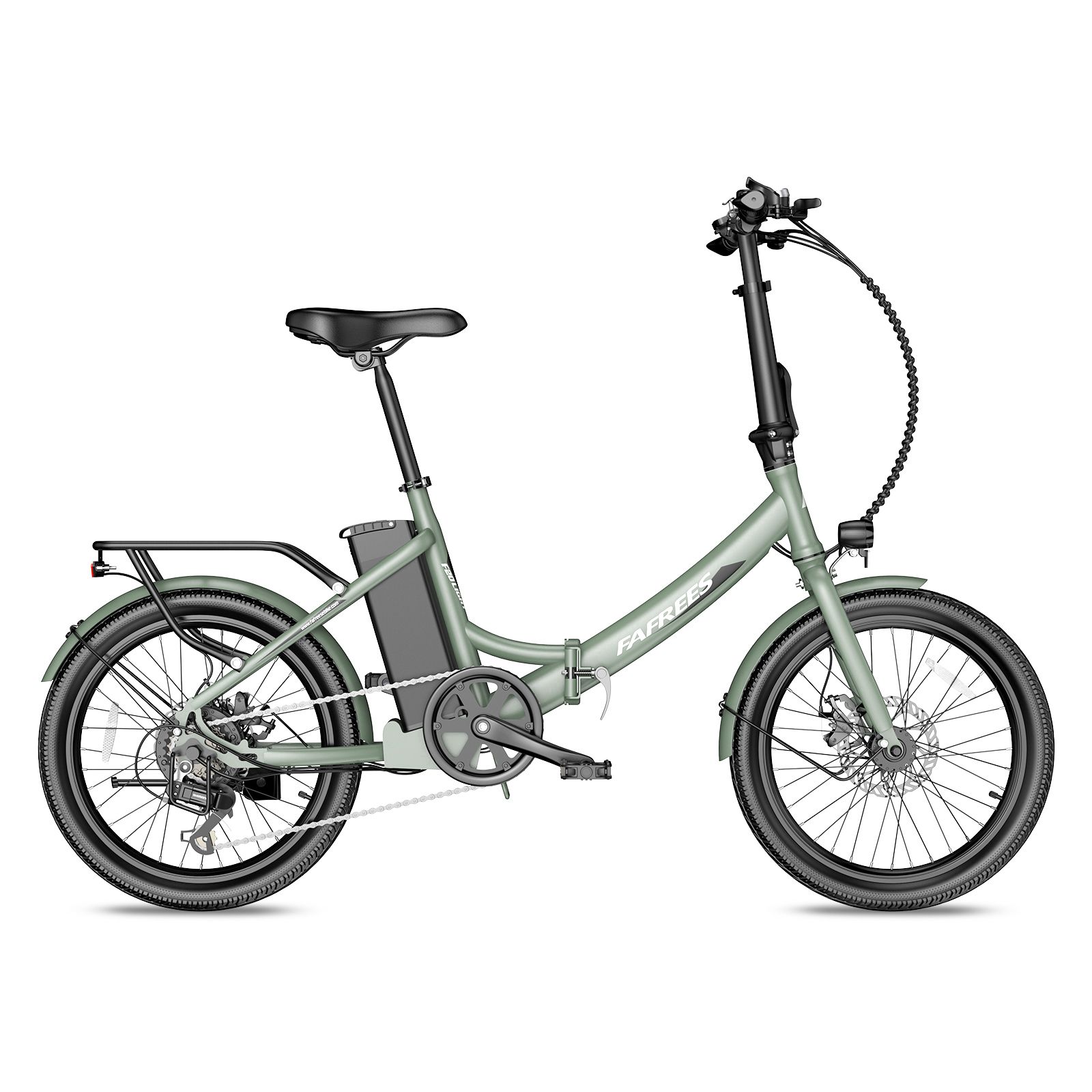 Hellgrünes Fafrees F20Light E-Bike. Klapprahmen, Gepäckträger, Schutzbleche. Schwarze Reifen und Sattel. Akku am Rahmen.