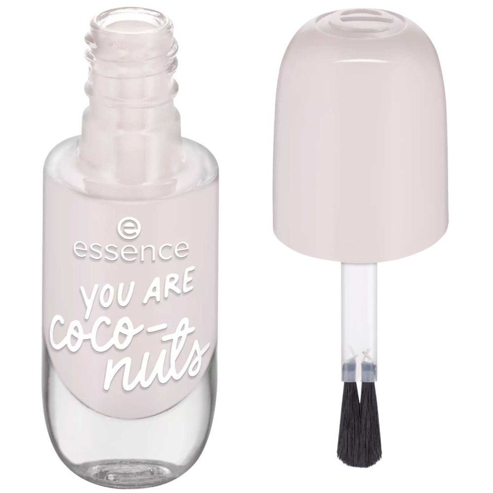 Nagellackflasche mit geöffnetem Deckel und Pinsel. Auf der Flasche steht "essence" und "you are coco-nuts".