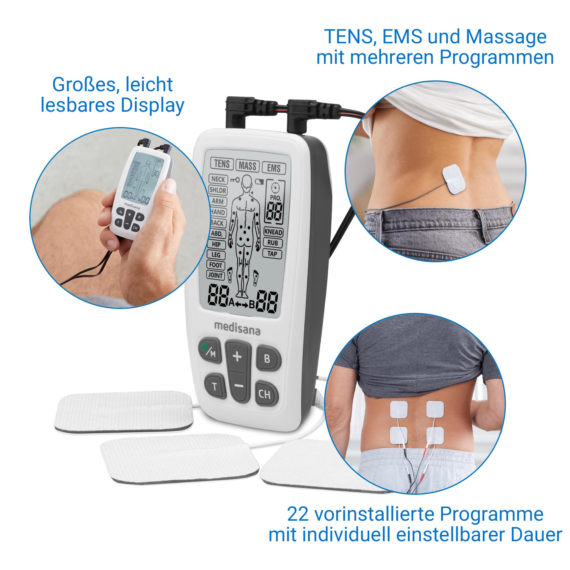 Medisana TT 200 TENS/EMS Gerät mit Elektrodenanwendung am Rücken und Display-Übersicht.