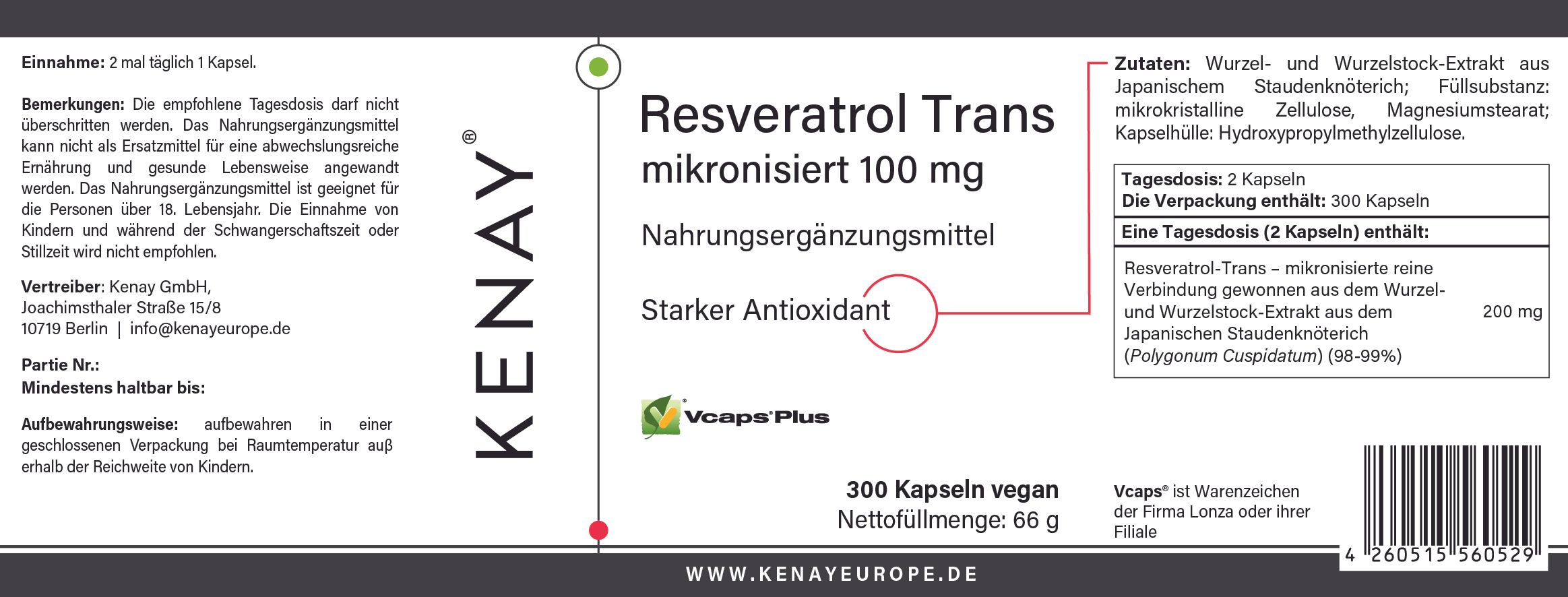Etikett mit Produktinformationen. Resveratrol mikronisiert 100 mg, Nahrungsergänzungsmittel. Marke KENAY. Enthält 300 Kapseln.