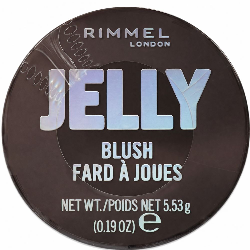 Runder, brauner Behälter mit transparentem Deckel. Aufschrift: Rimmel London, Jelly Blush Fard à Joues. Nettogewicht 5.53g.