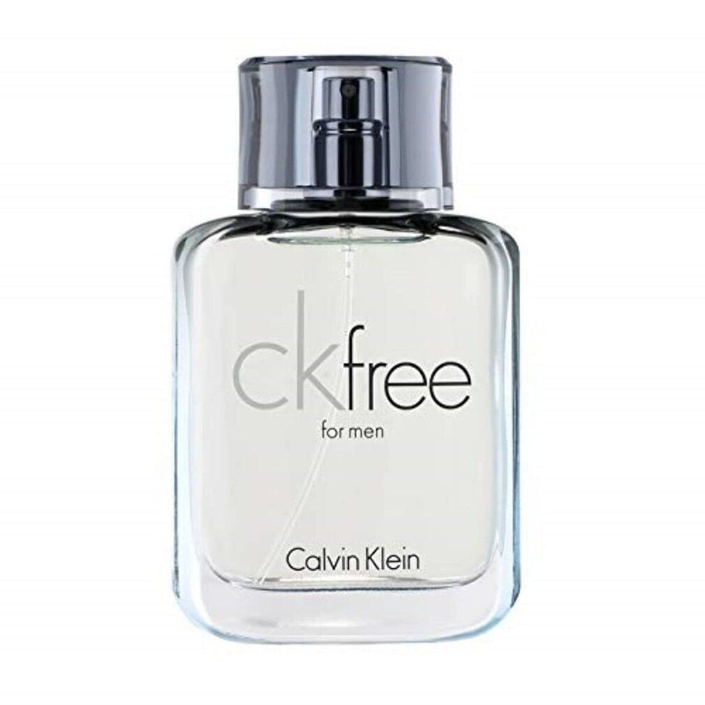Rechteckiger Flakon von ckfree for men mit silbernem Sprühkopf. Auf dem Flakon steht ckfree for men und Calvin Klein.