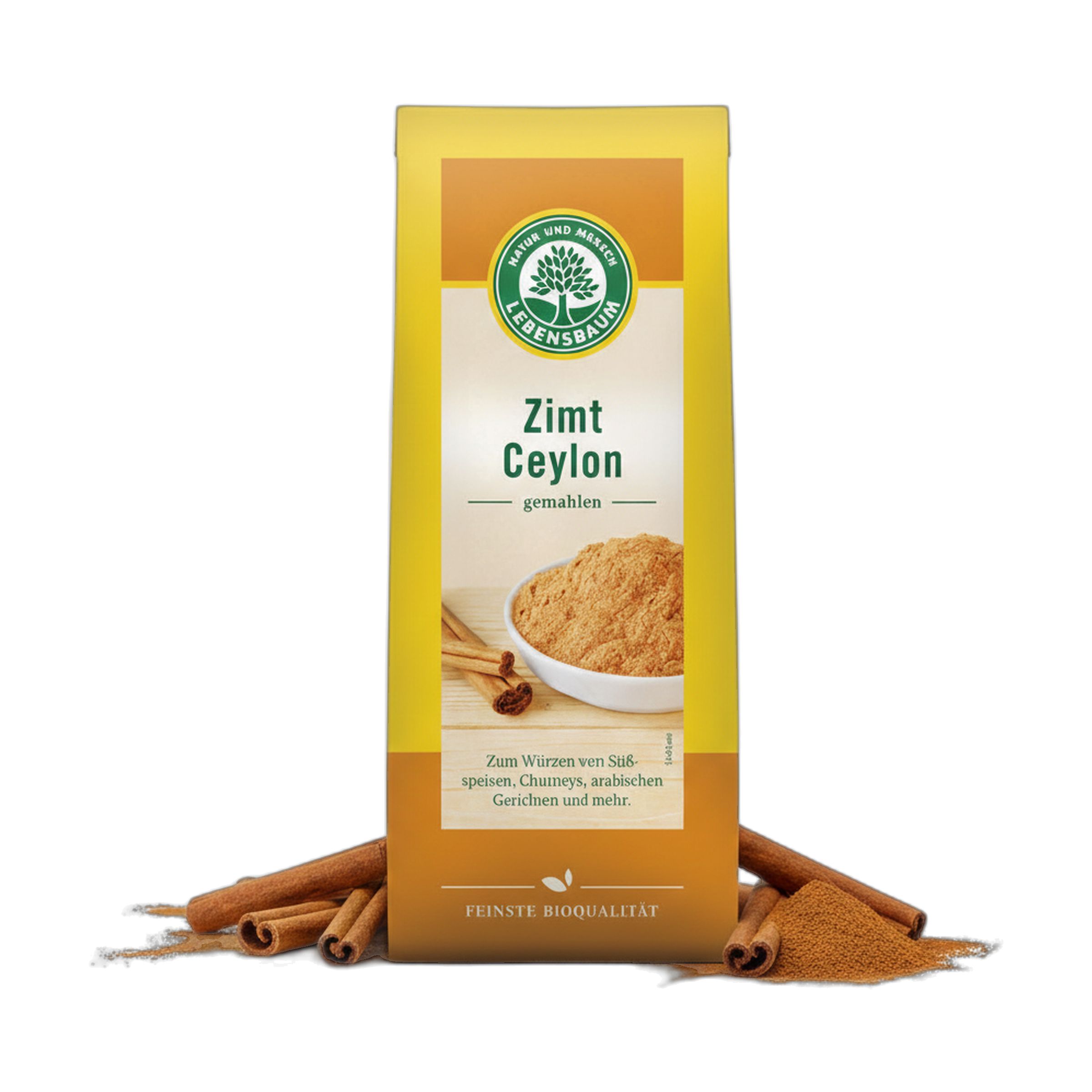 Bio Ceylon Zimt gemahlen in einer Packung mit einem Schälchen Zimtpulver und Zimtstangen. 'Lebensbaum' Logo.