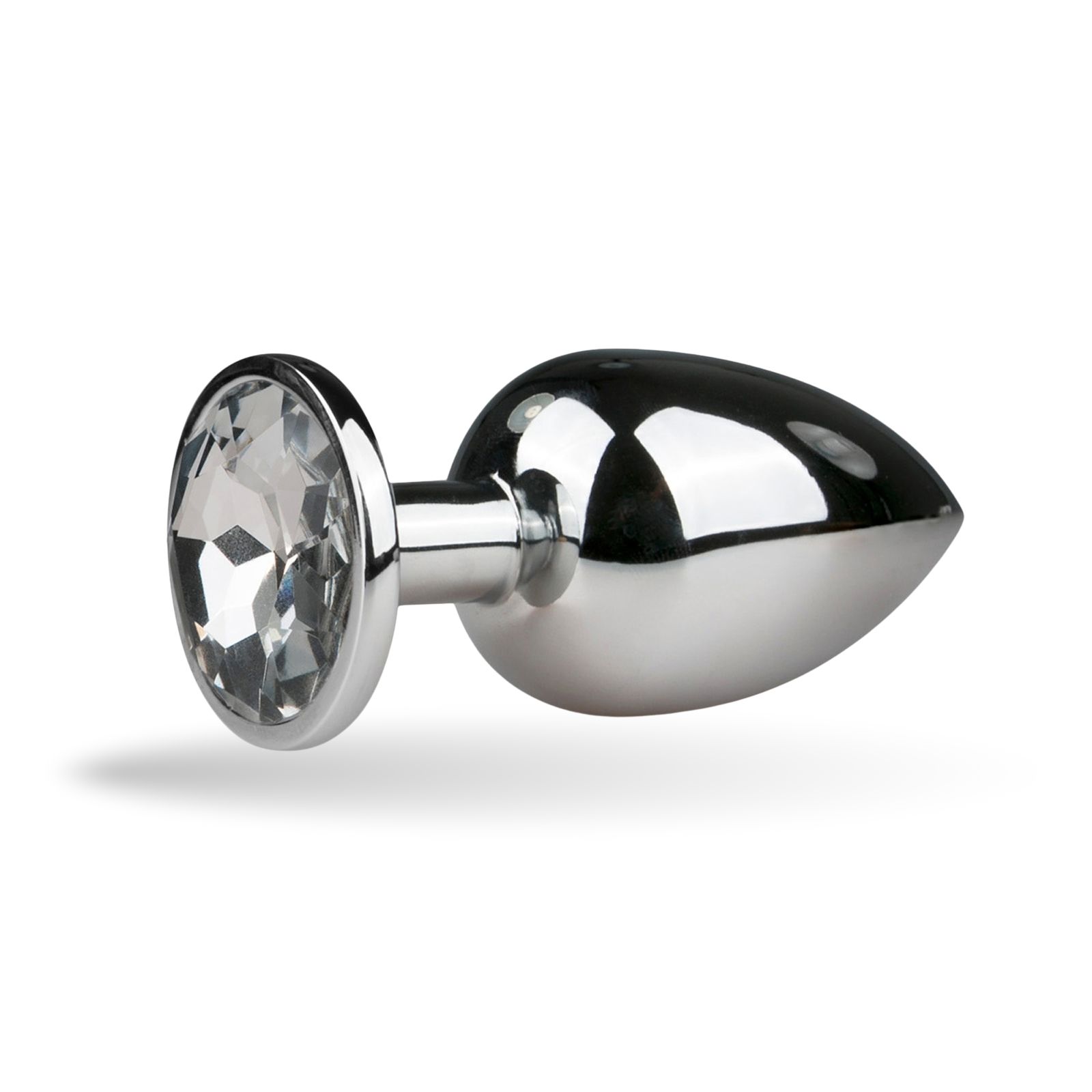 Analplug aus Metall, silberfarben, mit Zierstein. Konische Form, runder Sockel.