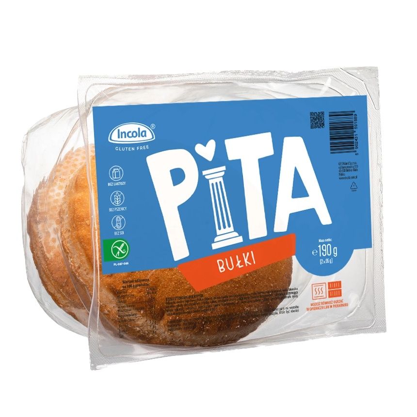Verpackung mit glutenfreien Pita Brötchen. Blaue Verpackung mit weißem Schriftzug PITA und Incola Logo. 190g.