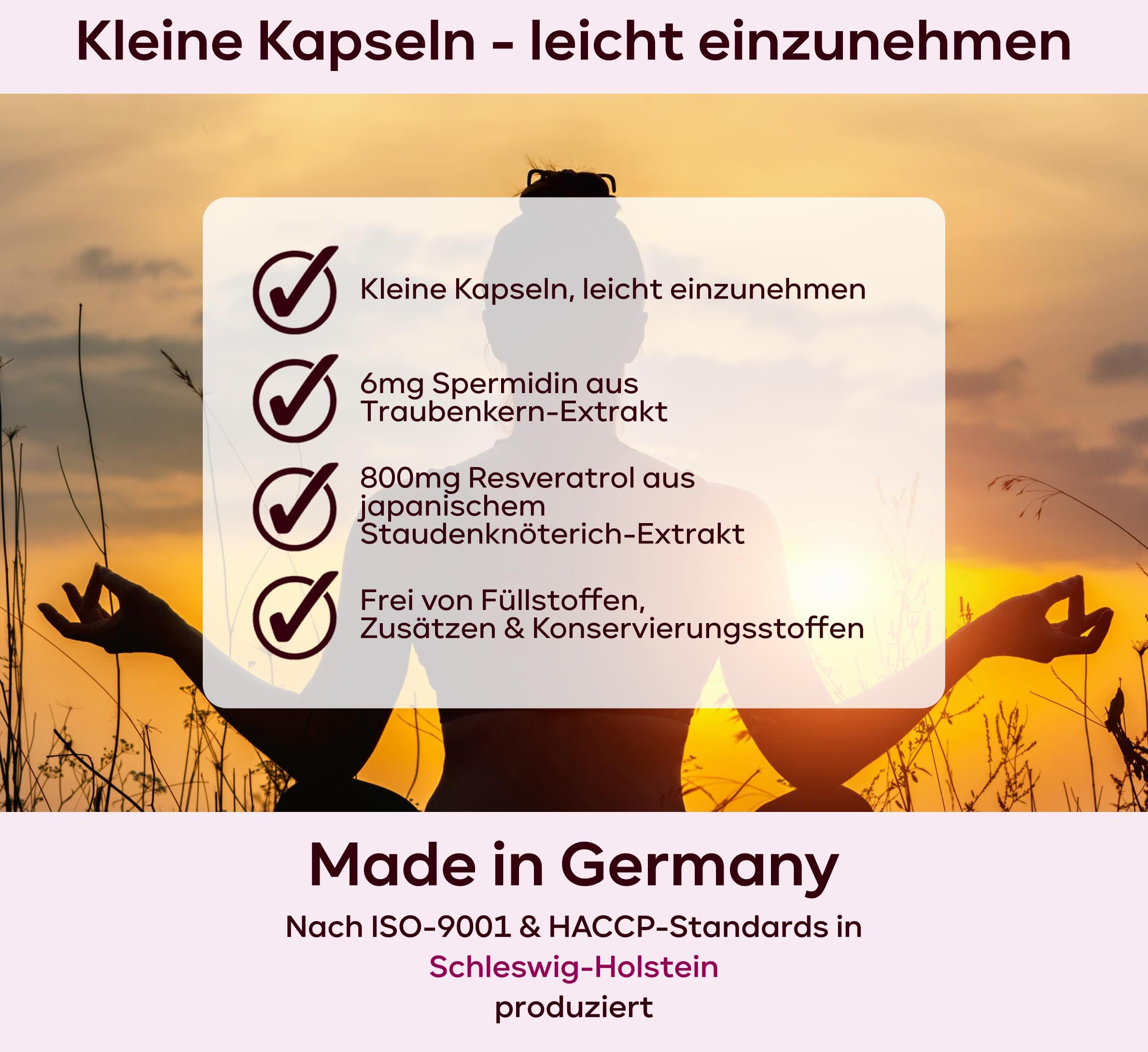 Grafik mit Text: Kleine Kapseln, 6mg Spermidin, 800mg Resveratrol, frei von Füllstoffen. Nach ISO-9001 & HACCP-Standards.