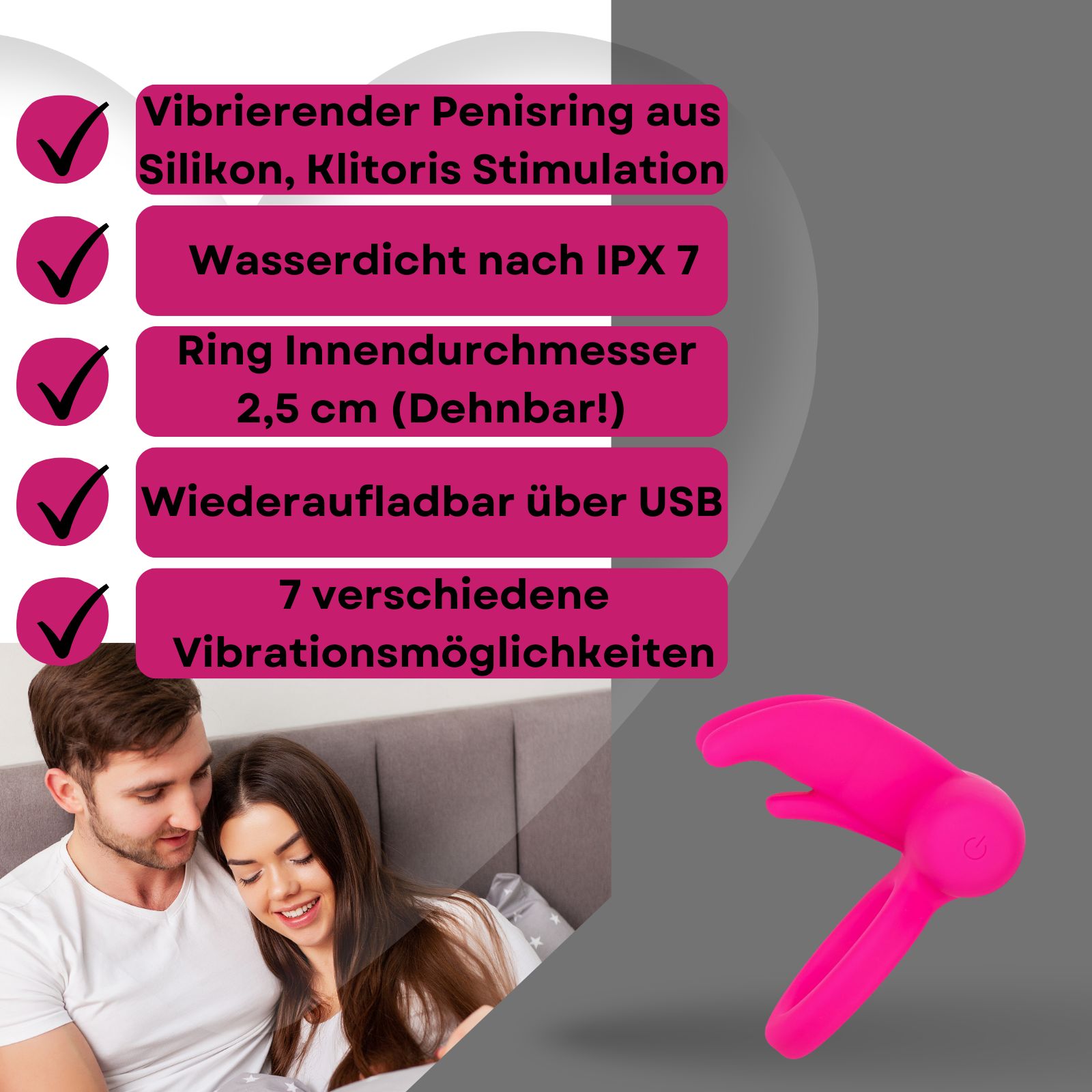 Vibrierender Penisring, pink, Silikon, mit Klitoris Stimulation. Auf weißem Podest, Hintergrund: Paar.