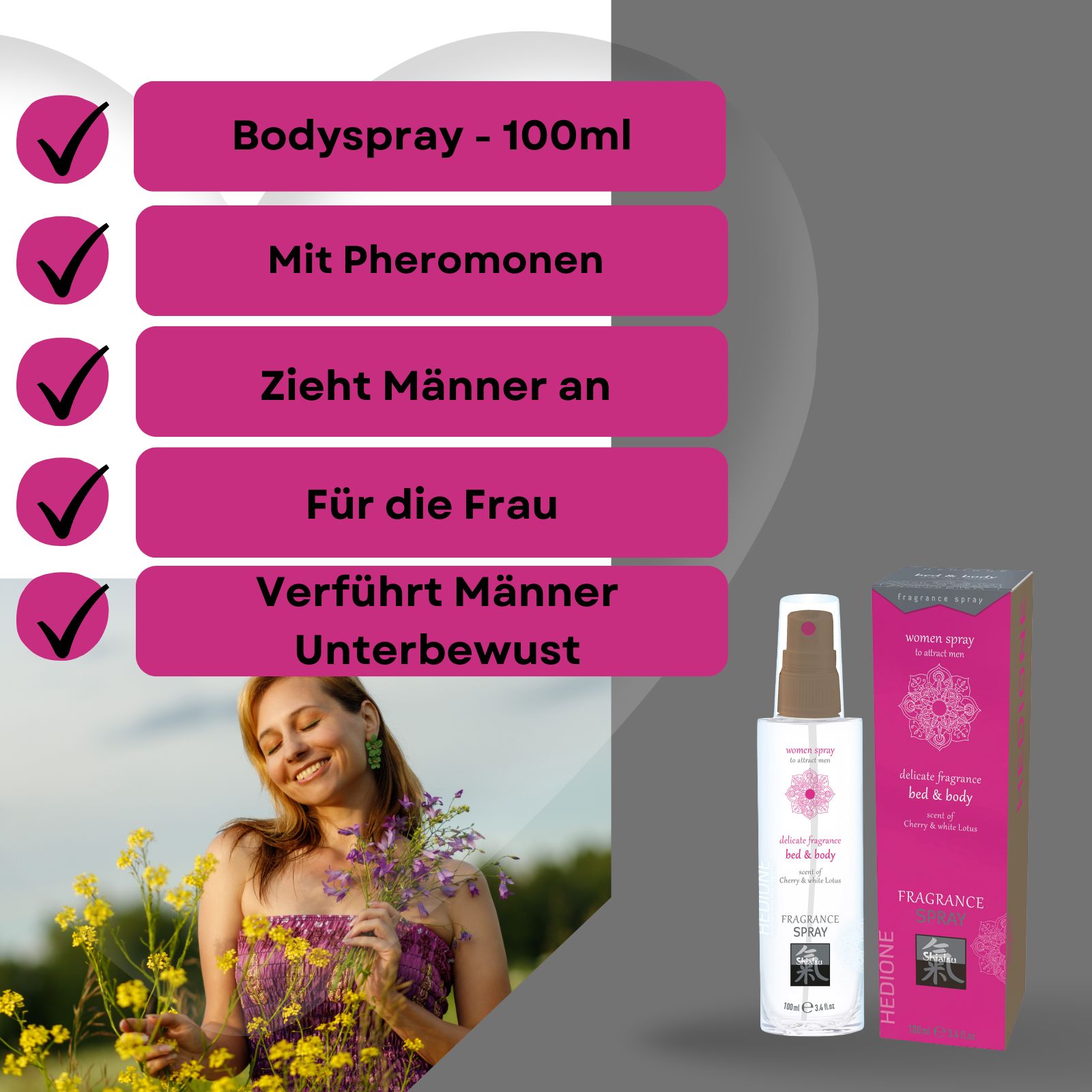Frau mit Blumen, Flakon und Verpackung. Aufschrift: Bodyspray, mit Pheromonen, für die Frau, HEDIONE, Shiatsu.