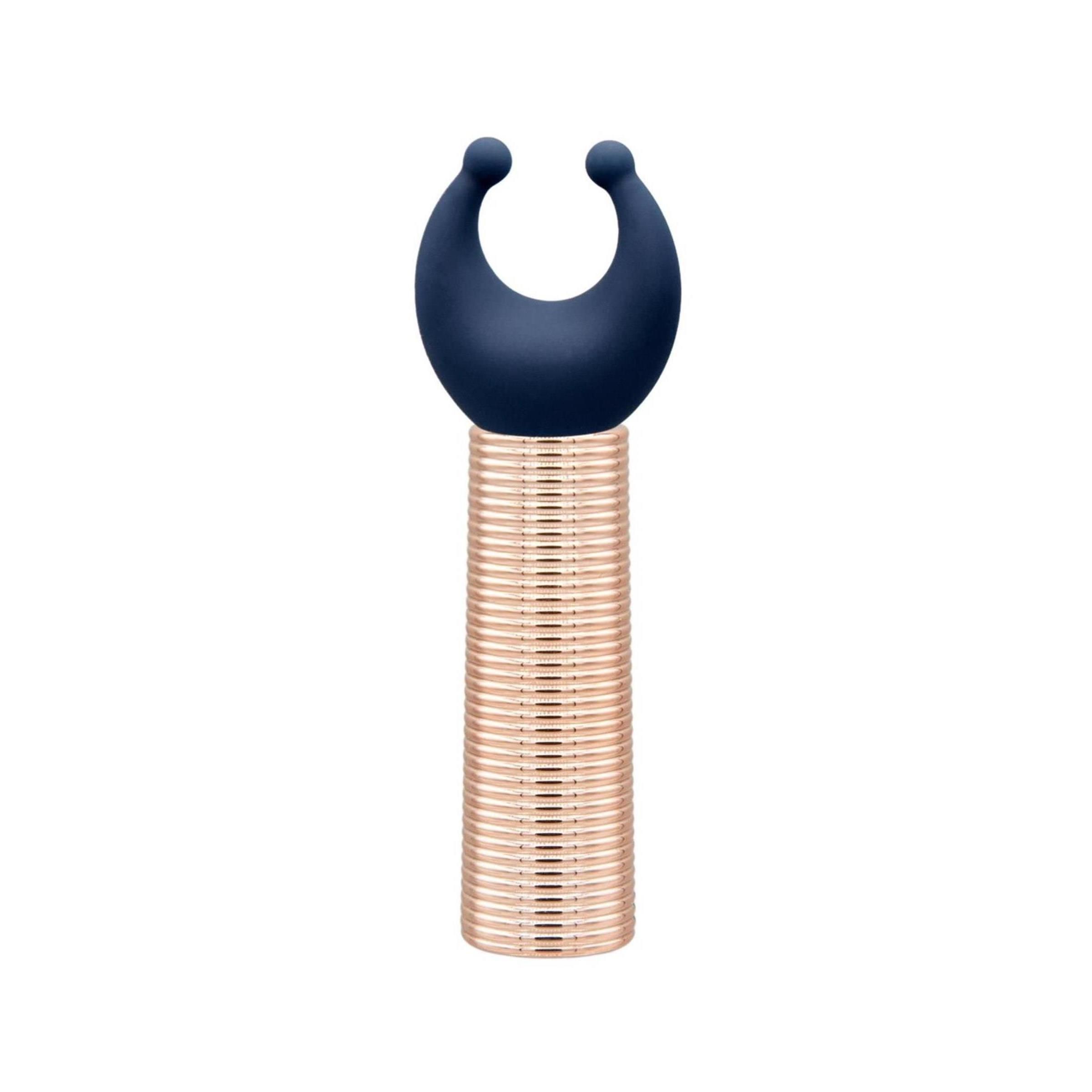 Minivibrator mit geriffelter, roségoldener Basis und blauem Aufsatz mit zwei Kugeln.