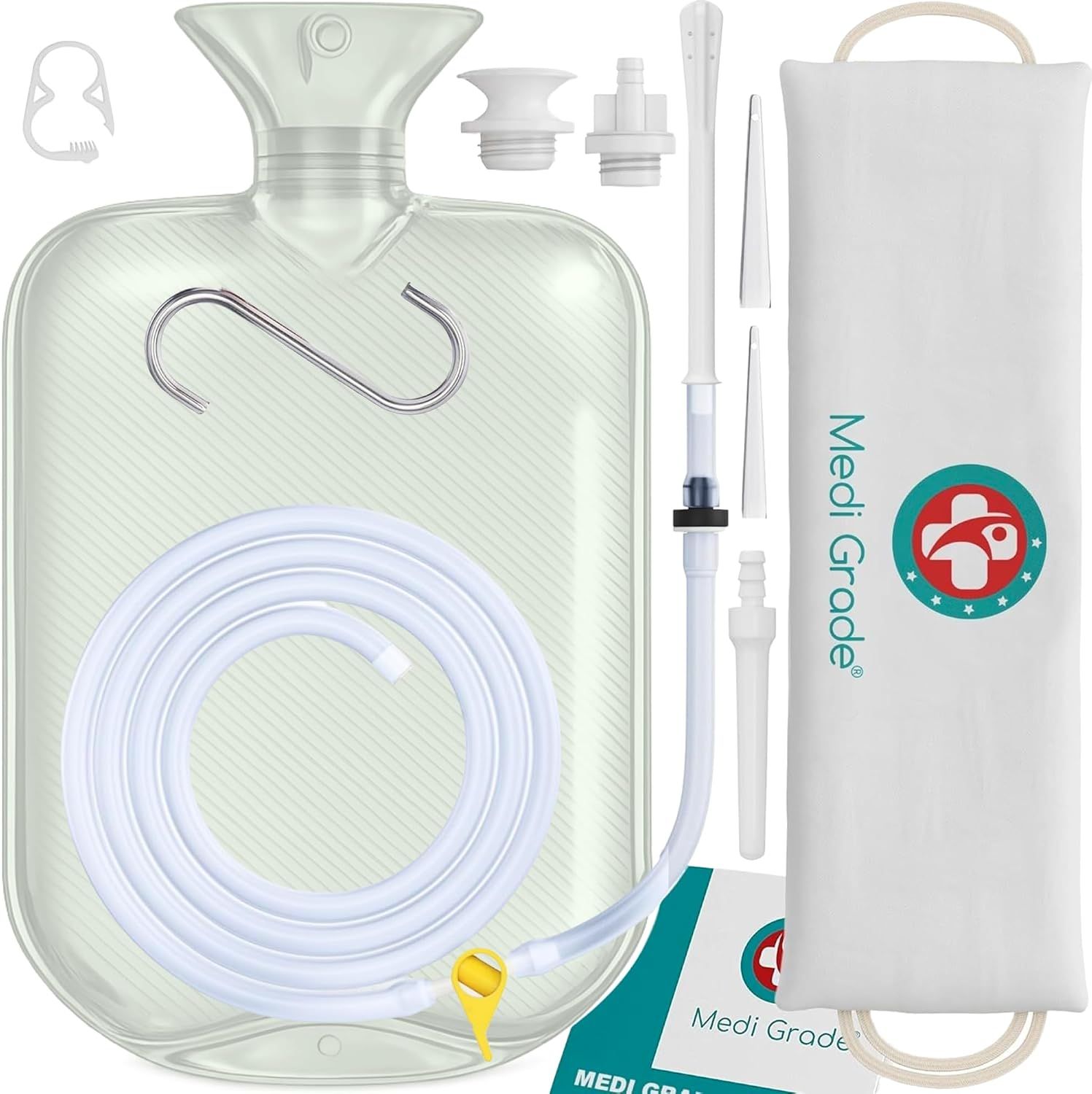 Einlaufset mit transparenter 2L Tasche, Schlauch, Haken und verschiedenen Applikatoren.