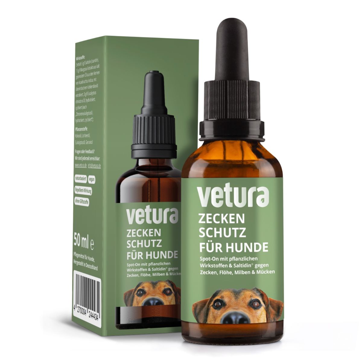 Produktverpackung: Flasche und Karton. Aufschrift: Vetura Zeckenschutz für Hunde. 50 ml. Spot-On mit pflanzlichen Wirkstoffen gegen Zecken, Flöhe, Milben & Mücken.