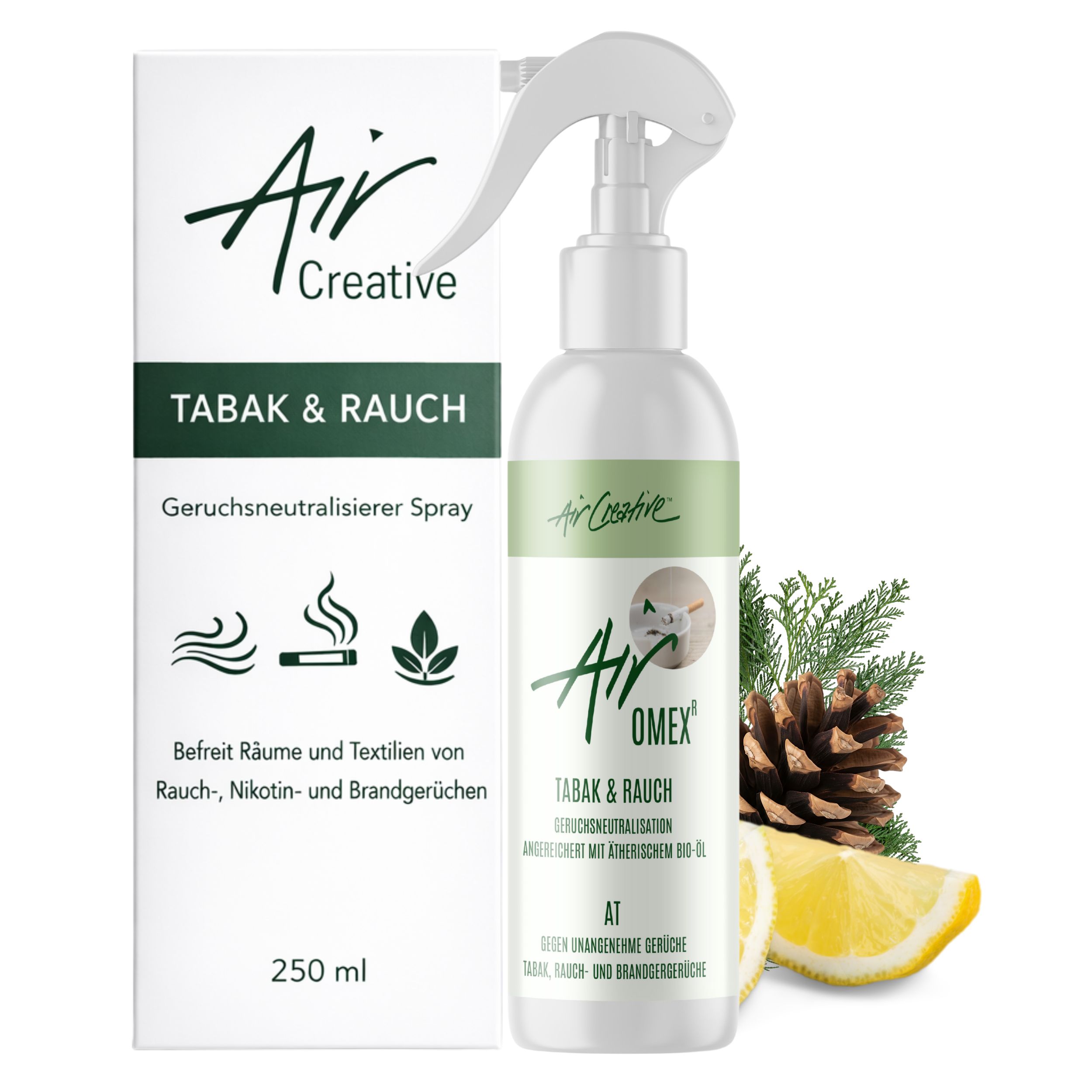 Weiße Flasche mit Sprühkopf und Karton. Text: Air Creative, Tabak & Rauch. Geruchsneutralisierer Spray. 250 ml.