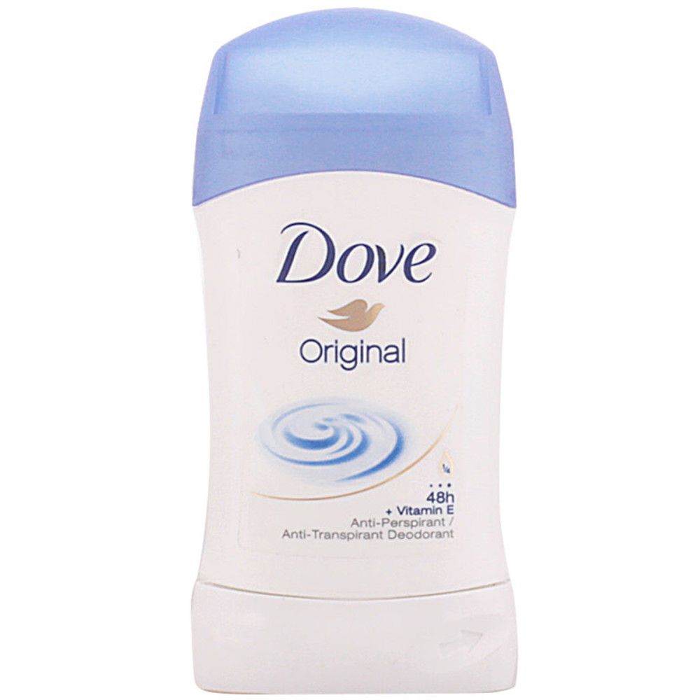 Deodorant-Stick Dove Original, weiß mit blauem Deckel. Aufschrift Dove Original, Anti-Transpirant, 48h Schutz, + Vitamin E.