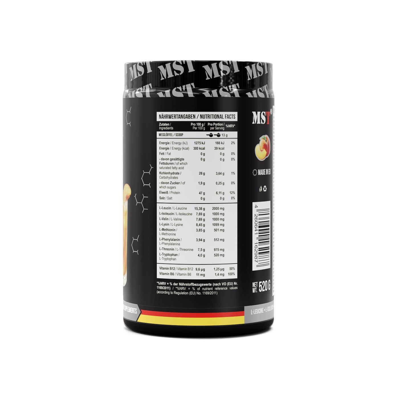 Schwarzer Behälter mit Nährwertangaben und Aminosäureprofil für MST BCAA & EAA, 520g. Deutsche Flagge unten.