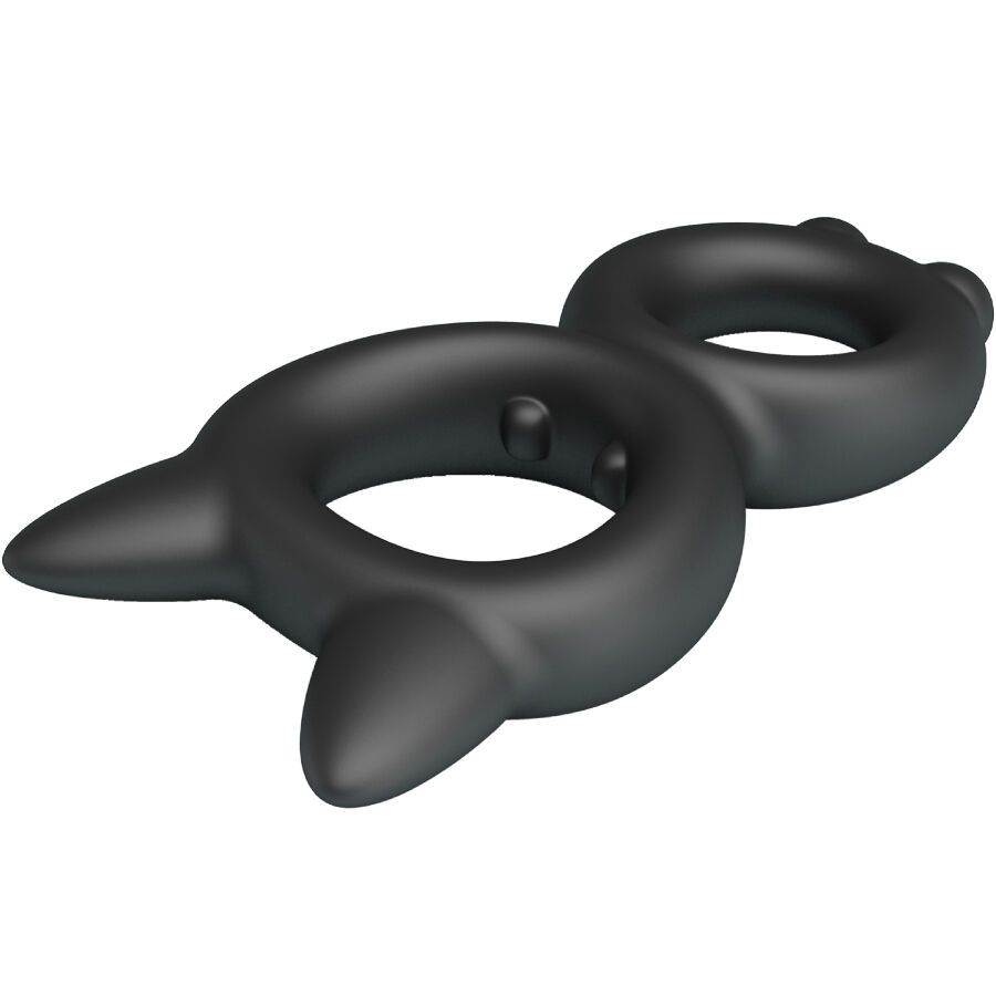 Schwarzer Doppel-Penisring mit Katzenohren-Design. Zwei Ringe verbunden, mit zwei kleinen Erhebungen.