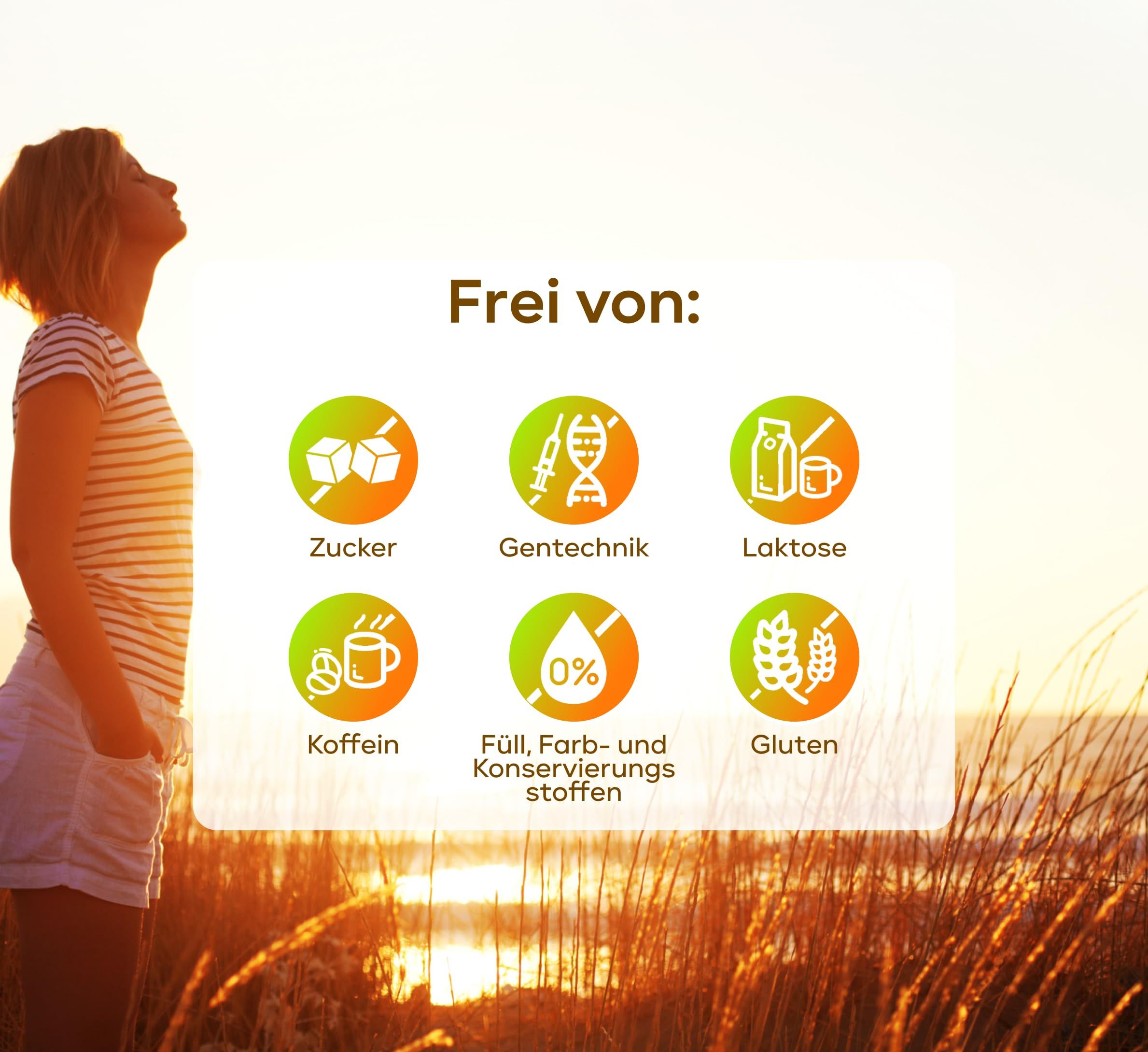 Grafik mit Symbolen: Zucker, Gentechnik, Laktose, Koffein, Füll-, Farb-, Konservierungsstoffe, Gluten. Frau am Strand im Hintergrund.