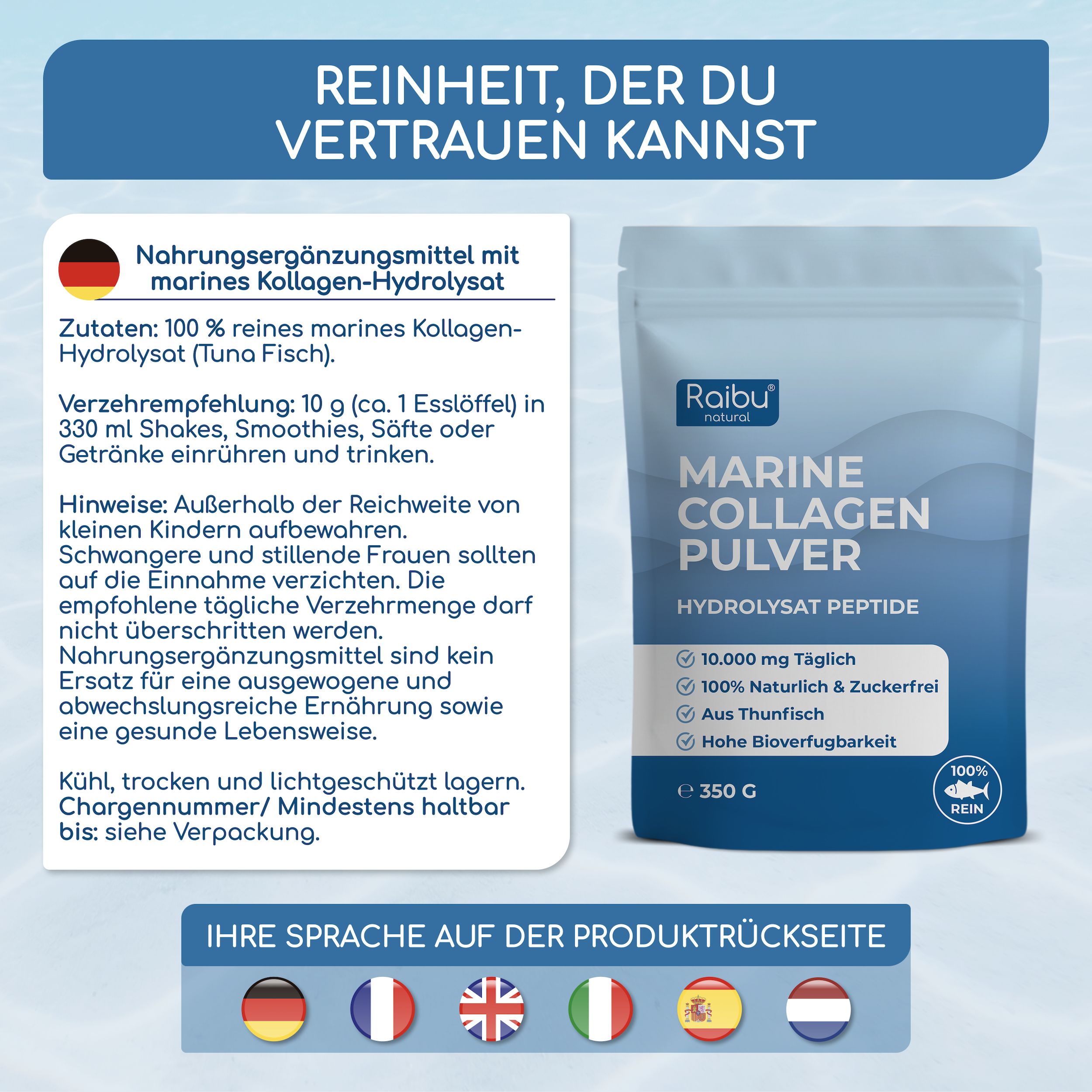 Marine Kollagen Pulver: 10g täglich, 100% rein, aus Thunfisch, hohe Bioverfügbarkeit.