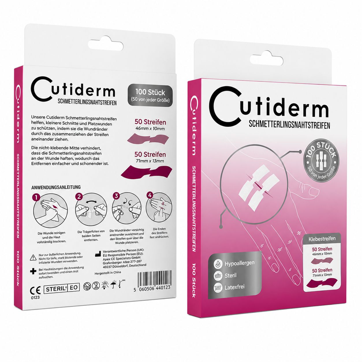 Cutiderm Schmetterlingsnahtstreifen-Verpackung, 100 Stück, mit Anwendungshinweisen und Produktabbildungen.