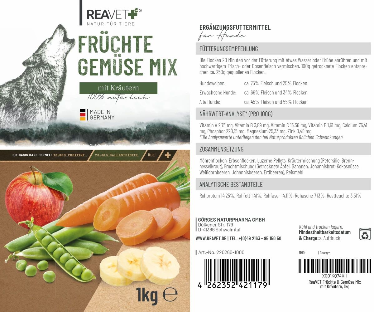 Etikett mit Früchte & Gemüse Mix mit Kräutern. Illustrationen von Obst und Gemüse. Text: Ergänzungsfuttermittel für Hunde.