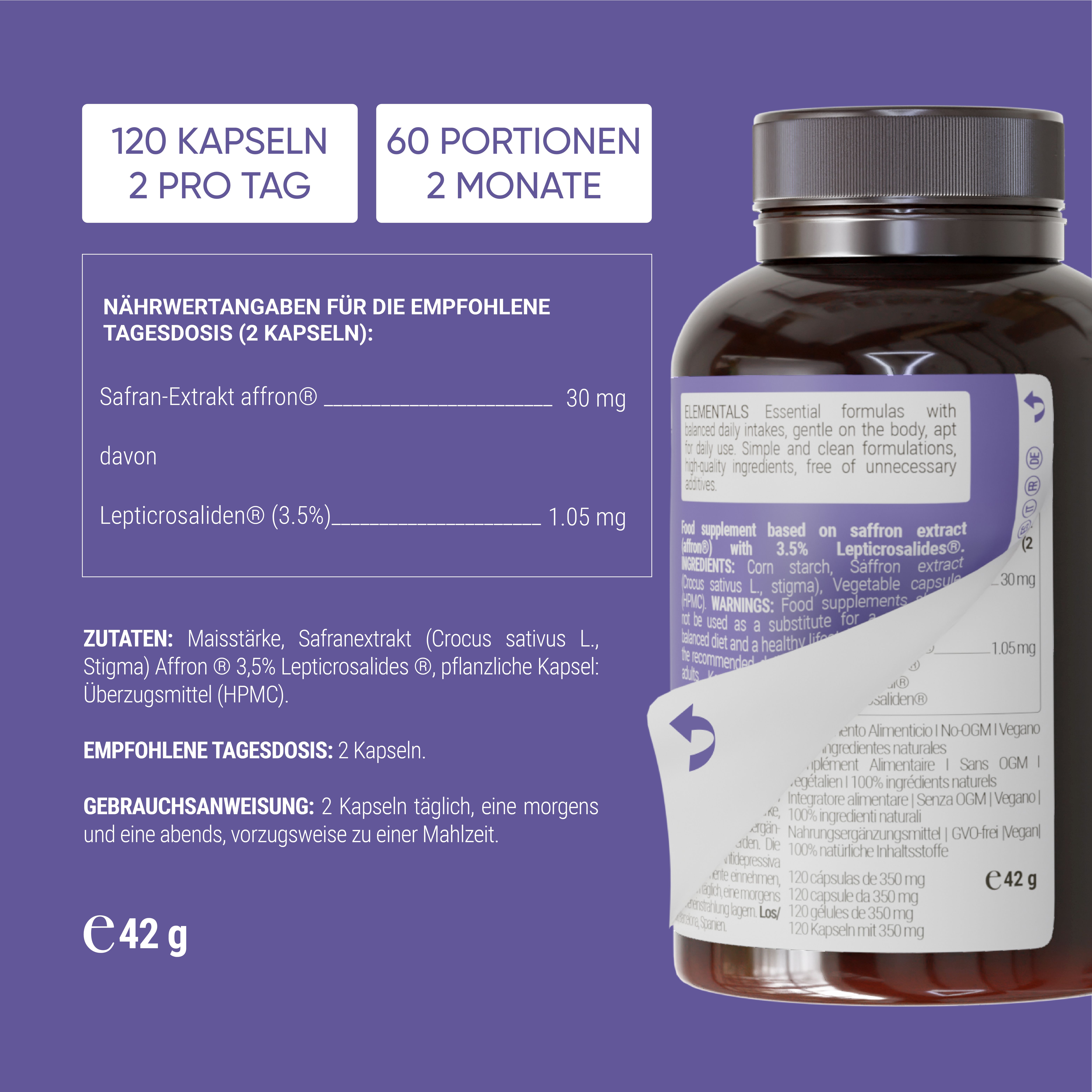 Etikett mit Informationen. Text: Nullure Safran affron. 120 Kapseln. 60 Portionen. Nährwertangaben. Inhaltsstoffe.
