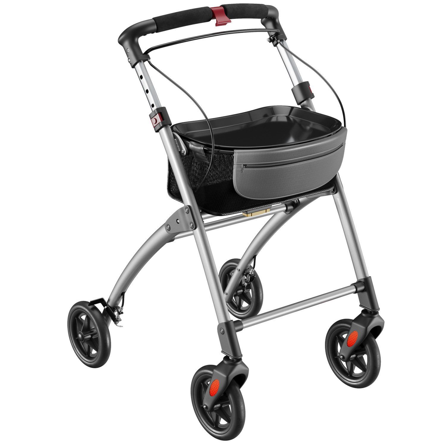 Rollator mit Aluminiumrahmen, schwarzem Korb und Tablett. Vier Räder, Feststellbremse und Handgriffe.