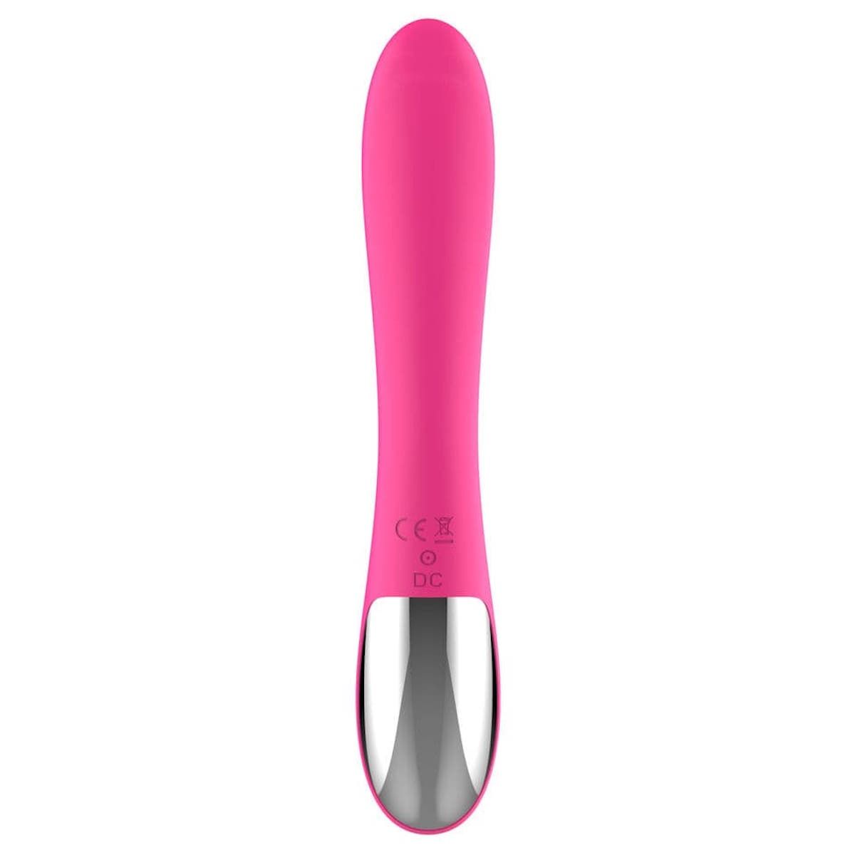 Rosa Vibrator mit silberfarbenem Akzent. Mit CE-Kennzeichnung und DC-Symbol.
