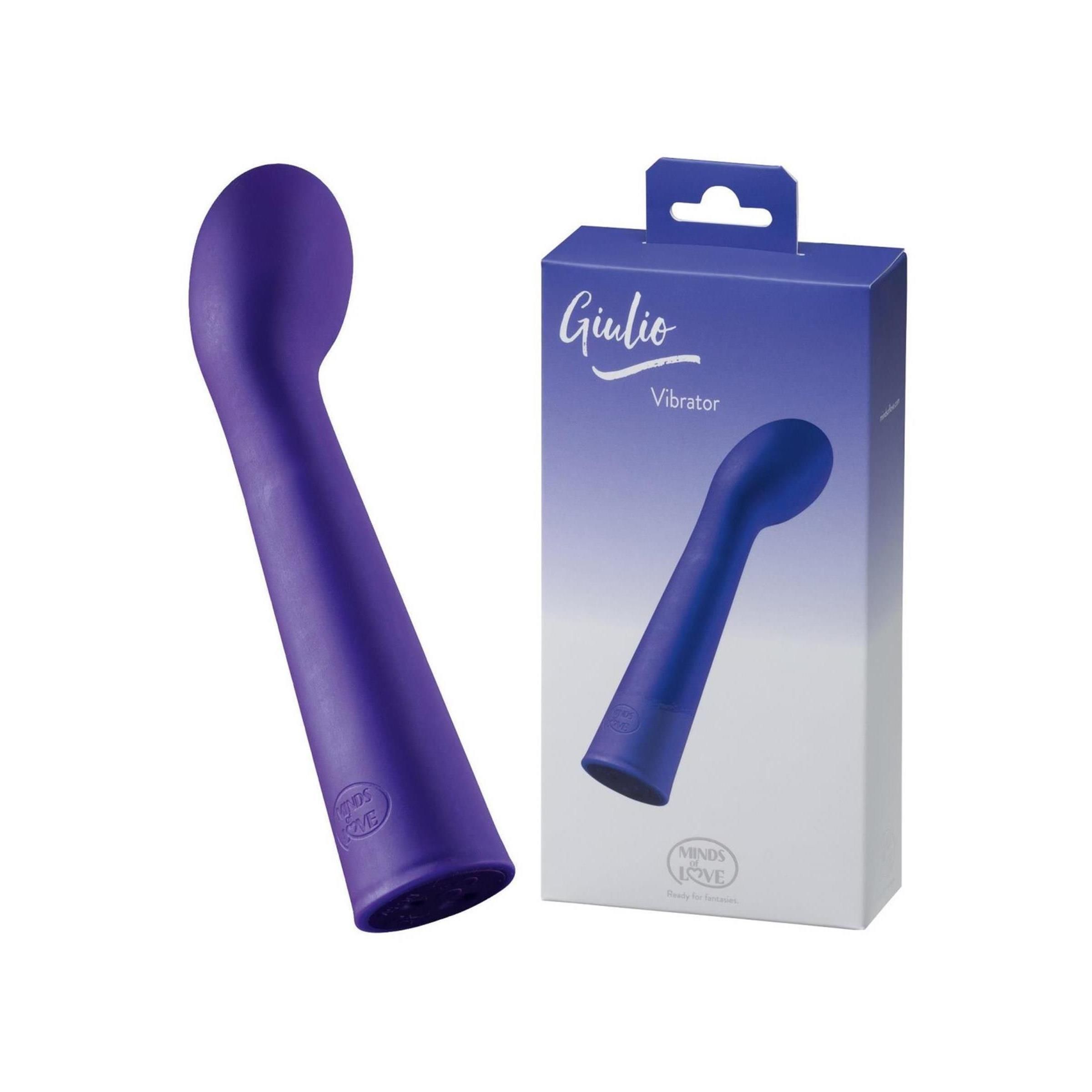 Lilafarbener Vibrator neben Verpackung. Aufschrift "Giulio Vibrator" und Logo "MINDS of LOVE".