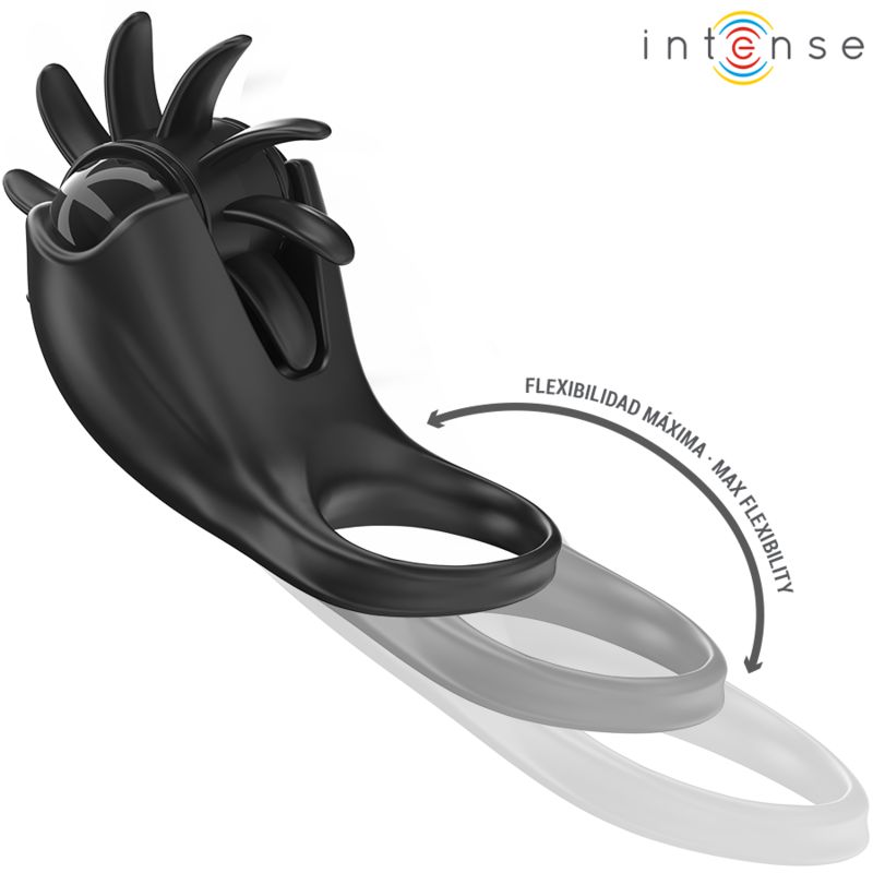 Schwarzer Vibrationsring mit Blütenblatt-Design. Pfeil zeigt maximale Flexibilität. Marke: Intense.