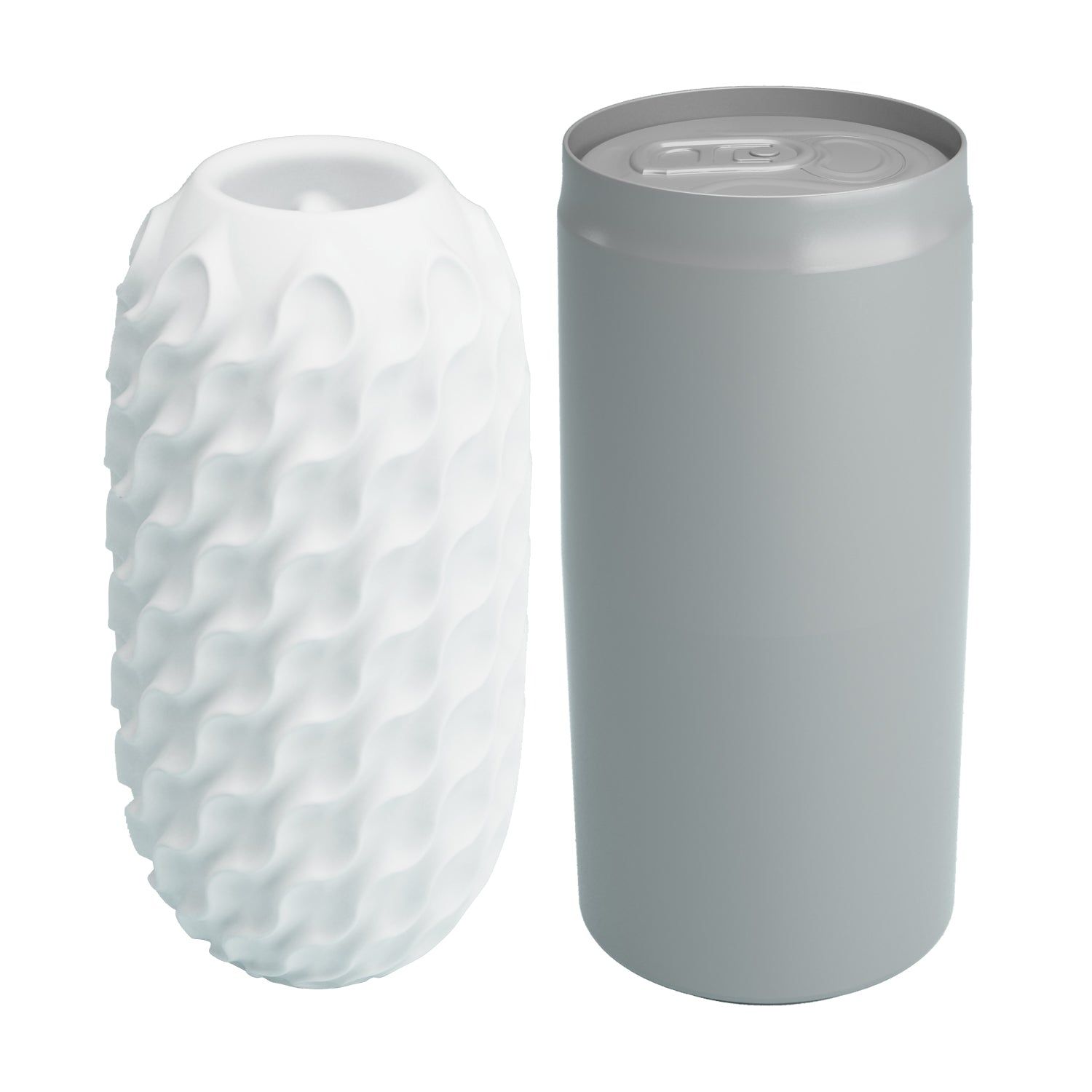 Weißes, längliches Produkt mit wellenförmiger Oberfläche. Daneben eine graue Dose.