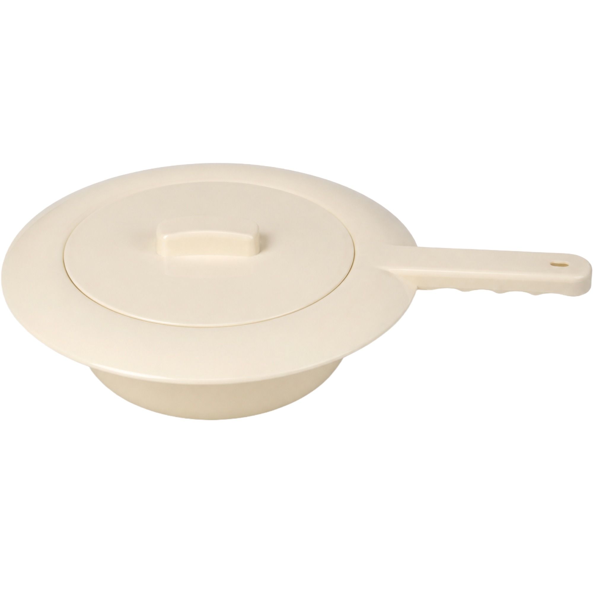 Beige Kunststoff-Bettpfanne mit Deckel und Griff, Seitenansicht.