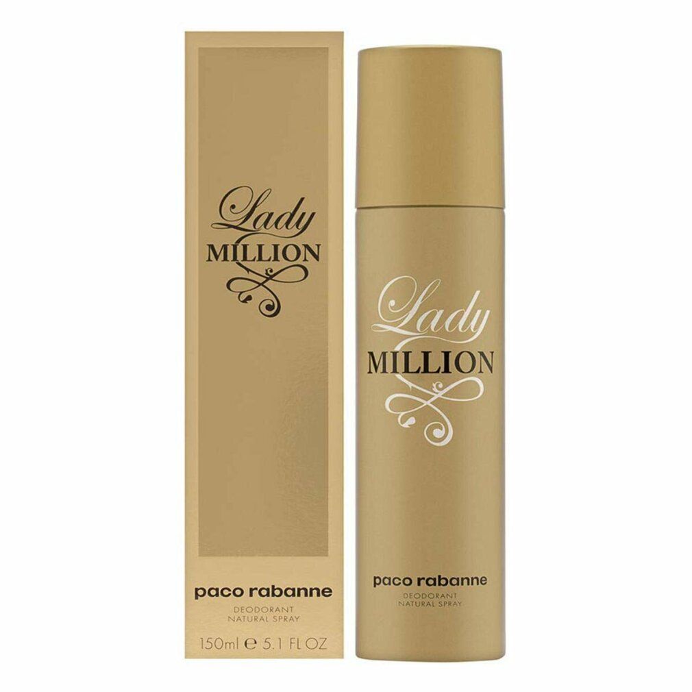 Goldfarbene Deodorant-Spray-Dose und Verpackung. Aufschrift: Lady Million, Paco Rabanne. 150ml.