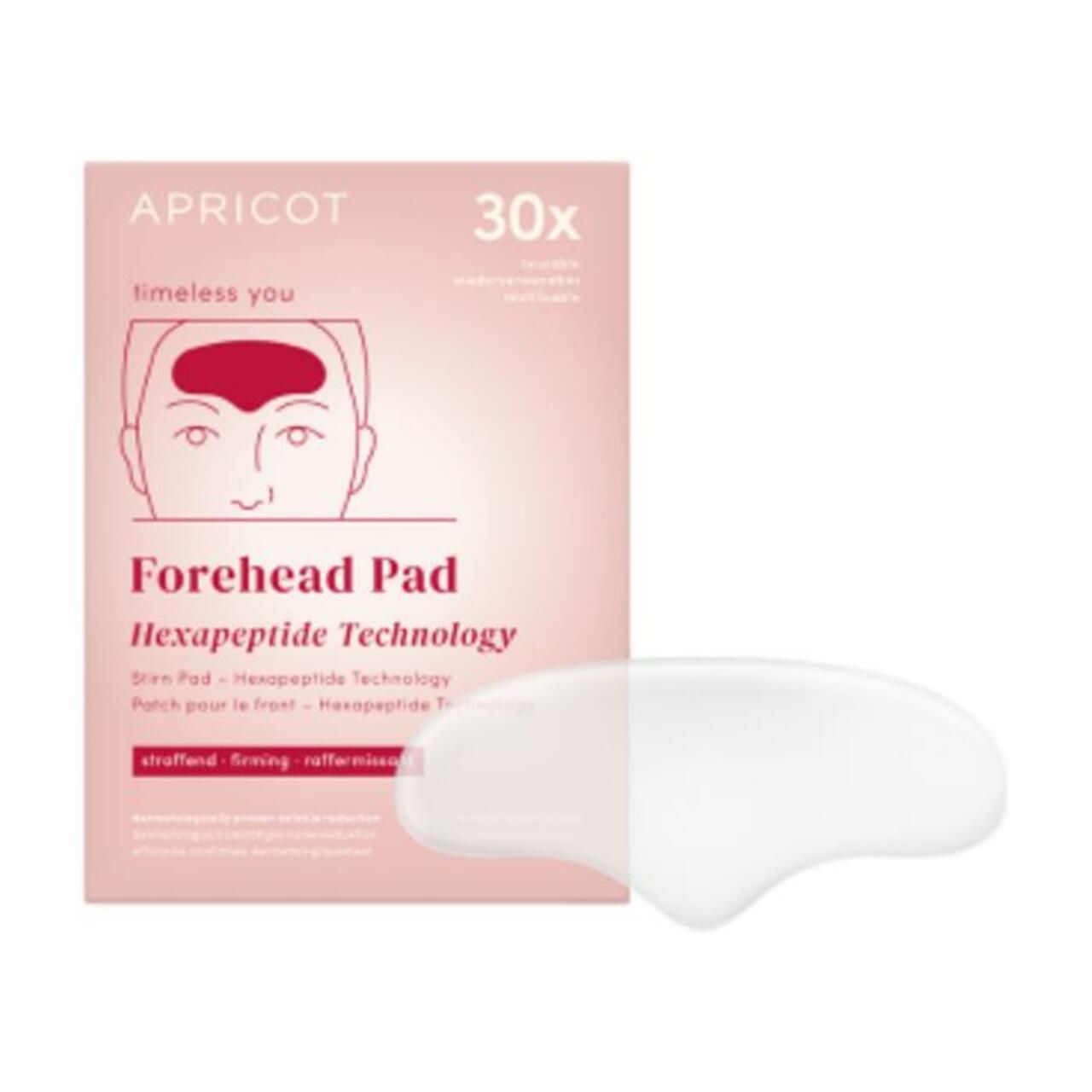 Verpackung mit einem Stirn Pad und der Aufschrift 'APRICOT'. Enthält 30 Pads. Text: 'Forehead Pad Hexapeptide Technology'.