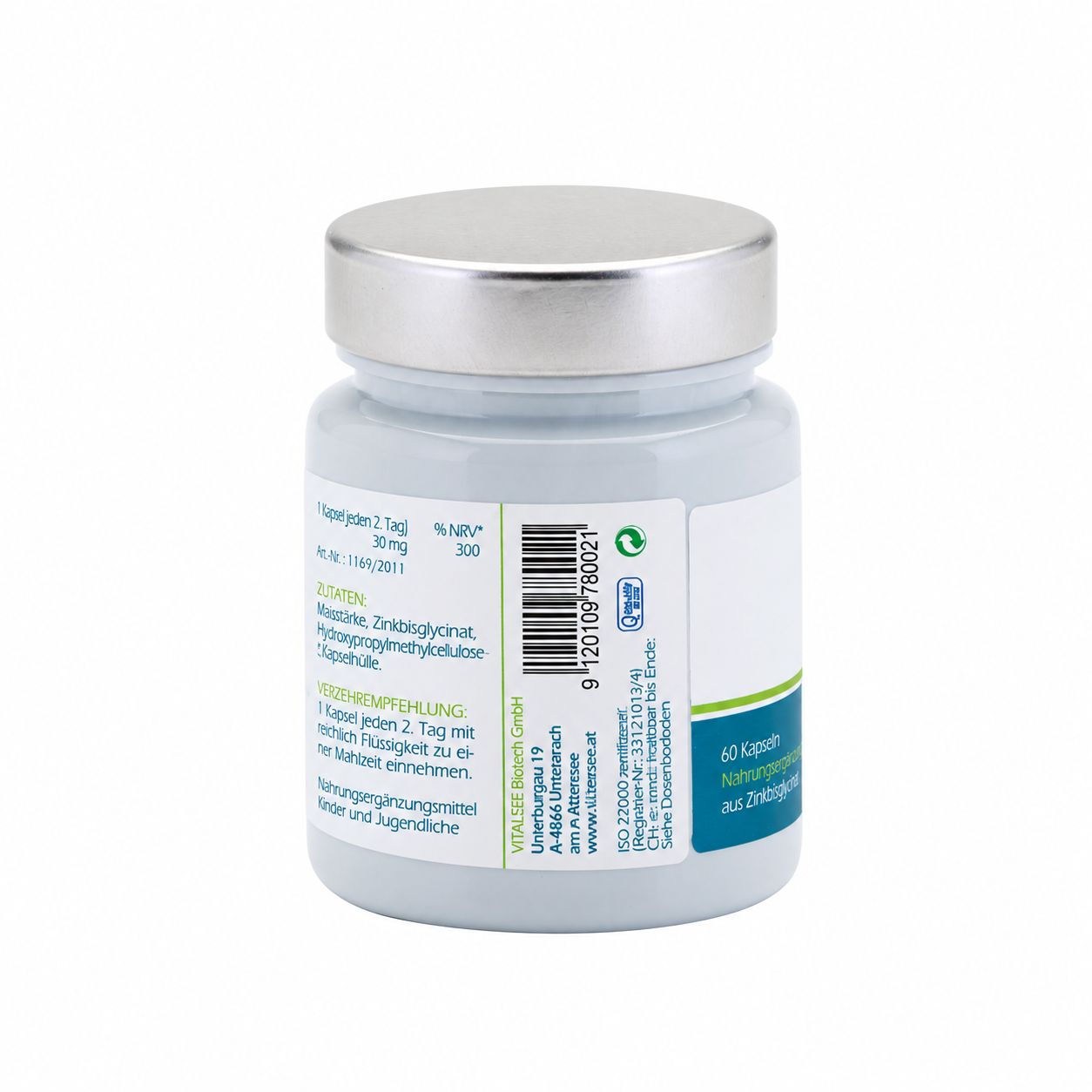 Flasche mit 60 Kapseln Zink 30 mg. Enthält Zinkbisglycinat. Vegan, gluten- und laktosefrei.