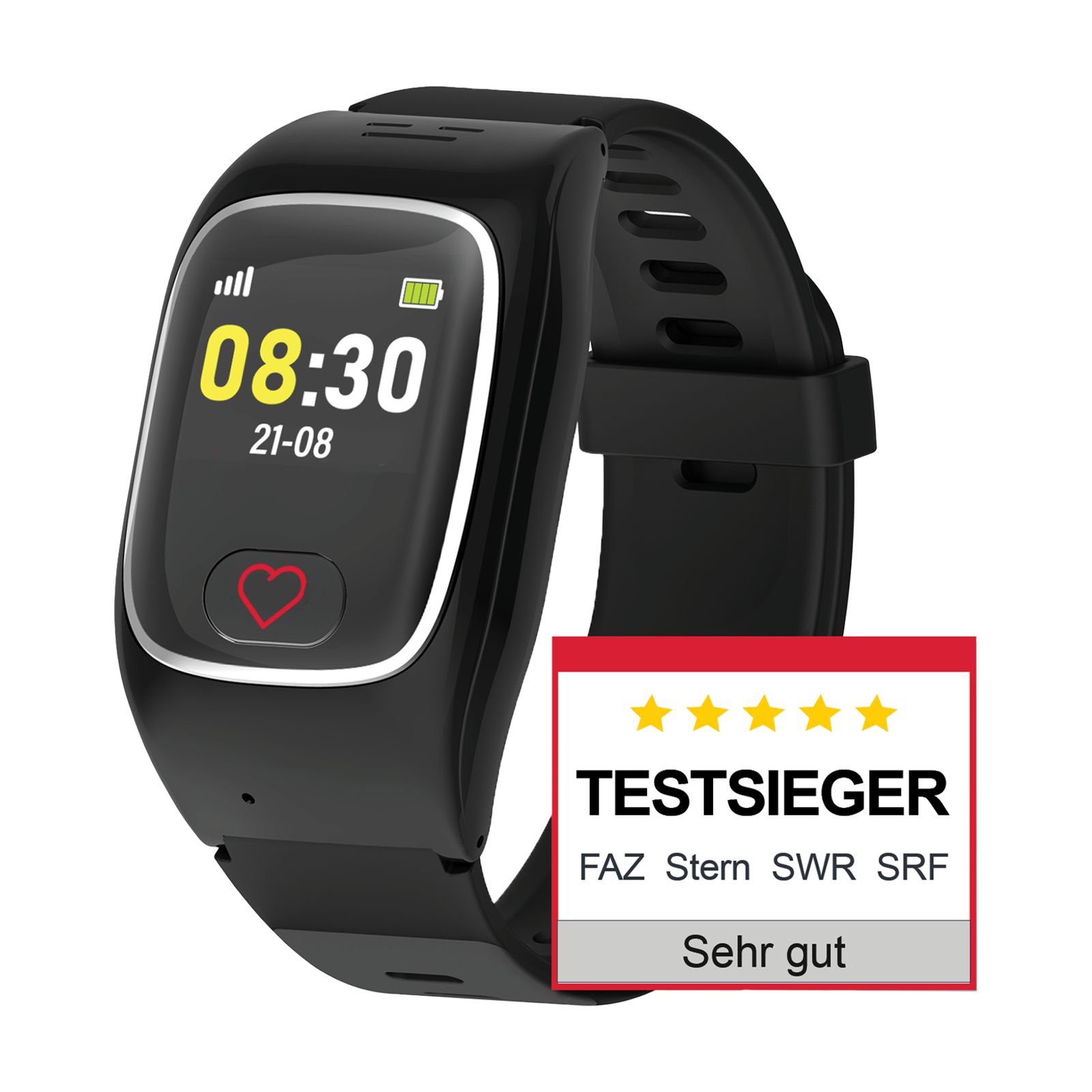 Schwarze Smartwatch mit 'Testsieger'-Siegel und Sternen.