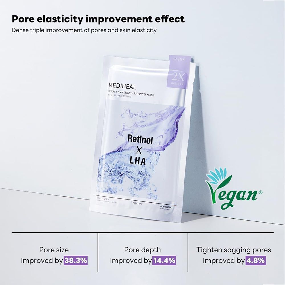 Verpackung der MEDIHEAL Derma Synergy Wrapping Maske. Enthält Retinol und LHA. Vegan-Siegel. Prozentangaben zur Verbesserung der Haut.